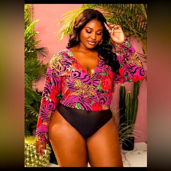 Plus Size Floral and Animal Print Bodysuit - Picture 1 of 4